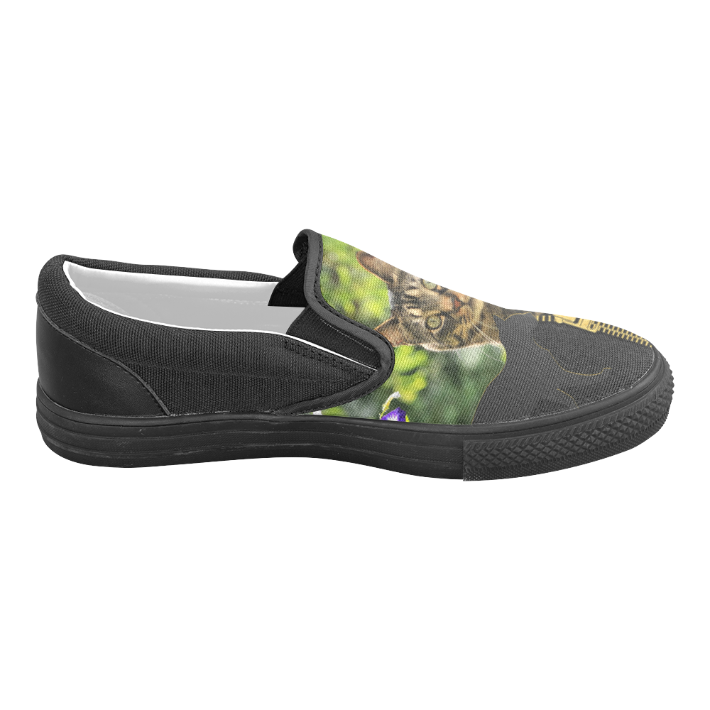 ZIPPER CUTE CAT FLOWERS Men's Slip-on Canvas Shoes (Model 019)