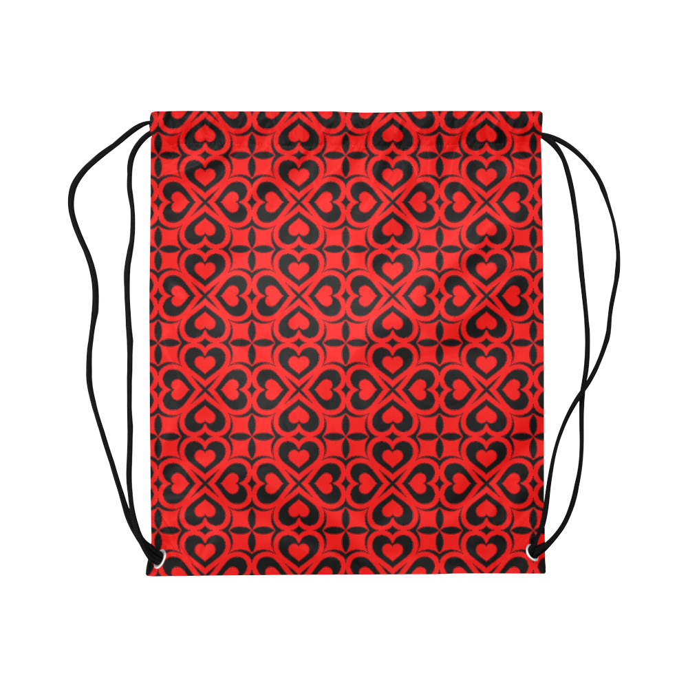 Red Black Heart Lattice Large Drawstring Bag Model 1604 (Twin Sides)  16.5"(W) * 19.3"(H)