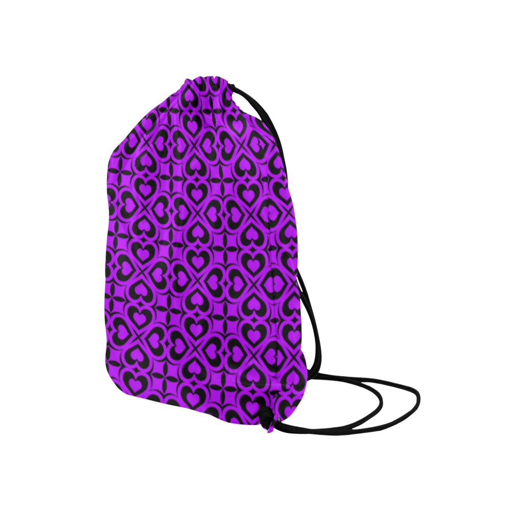 Purple Black Heart Lattice Medium Drawstring Bag Model 1604 (Twin Sides) 13.8"(W) * 18.1"(H)