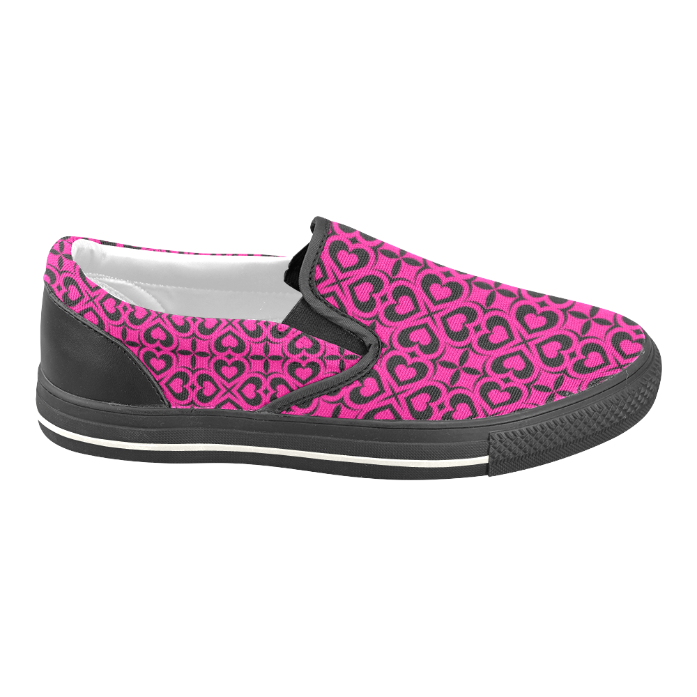 Pink Black Heart Lattice Women's Unusual Slip-on Canvas Shoes (Model 019)
