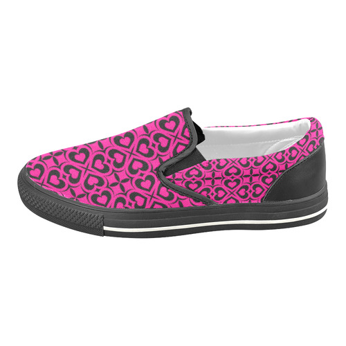 Pink Black Heart Lattice Women's Unusual Slip-on Canvas Shoes (Model 019)