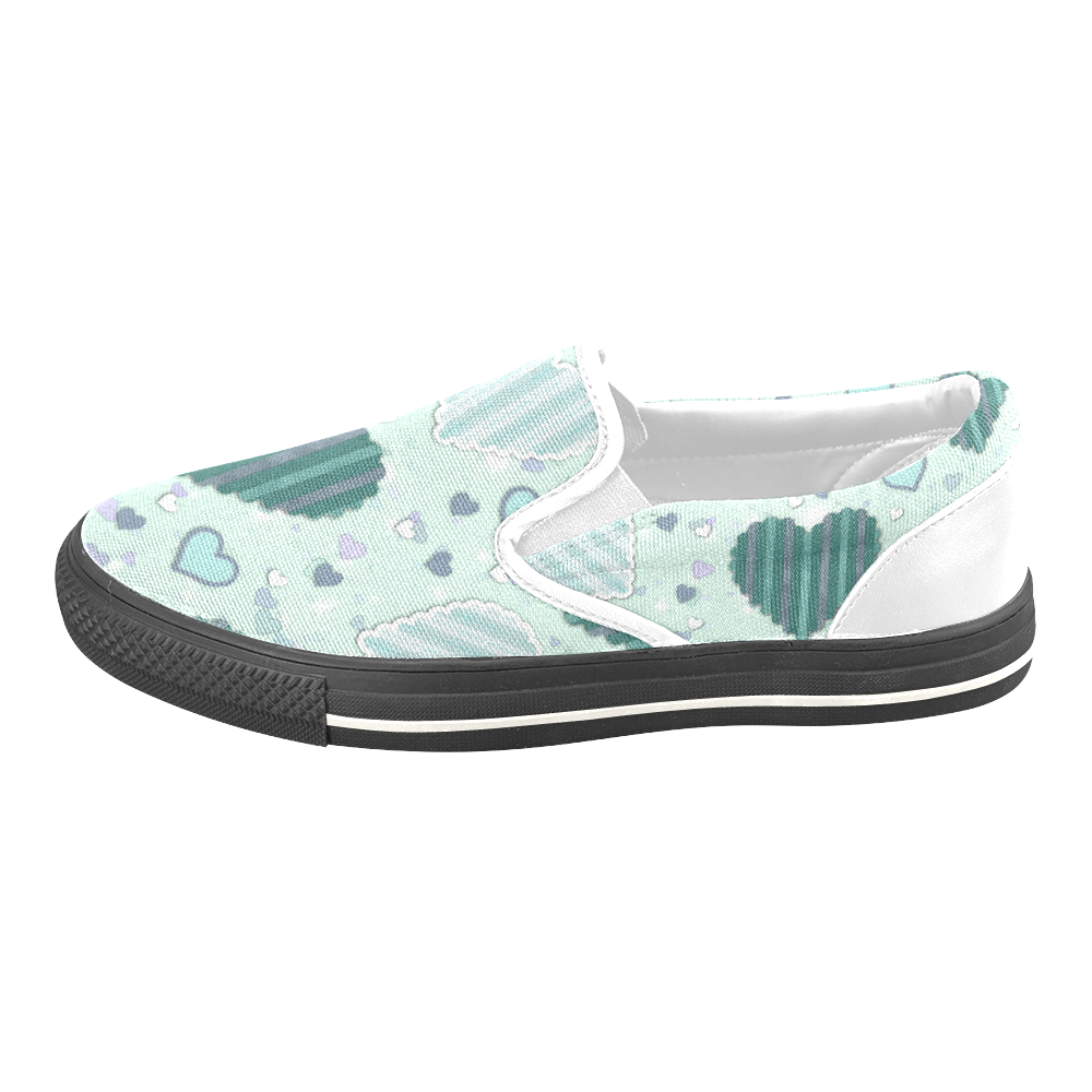 Mint Green Patchwork Hearts Women's Unusual Slip-on Canvas Shoes (Model 019)