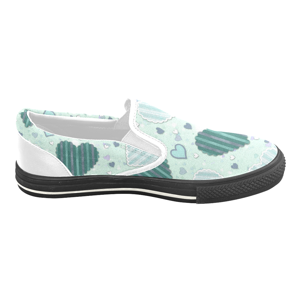 Mint Green Patchwork Hearts Women's Unusual Slip-on Canvas Shoes (Model 019)