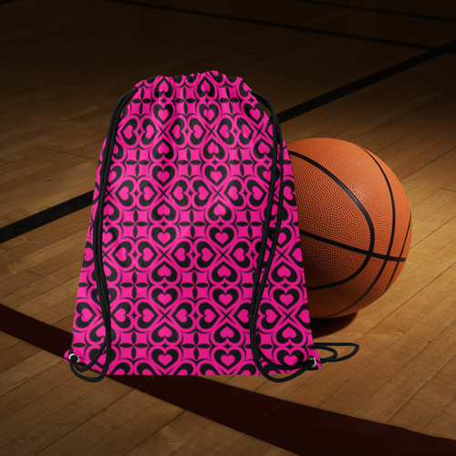 Pink Black Heart Lattice Large Drawstring Bag Model 1604 (Twin Sides)  16.5"(W) * 19.3"(H)