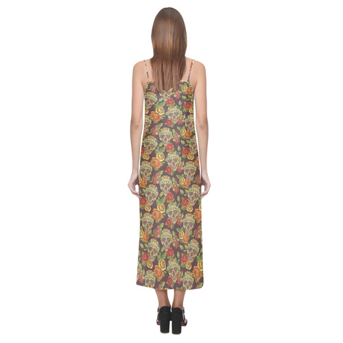 sugar skull pattern V-Neck Open Fork Long Dress(Model D18)