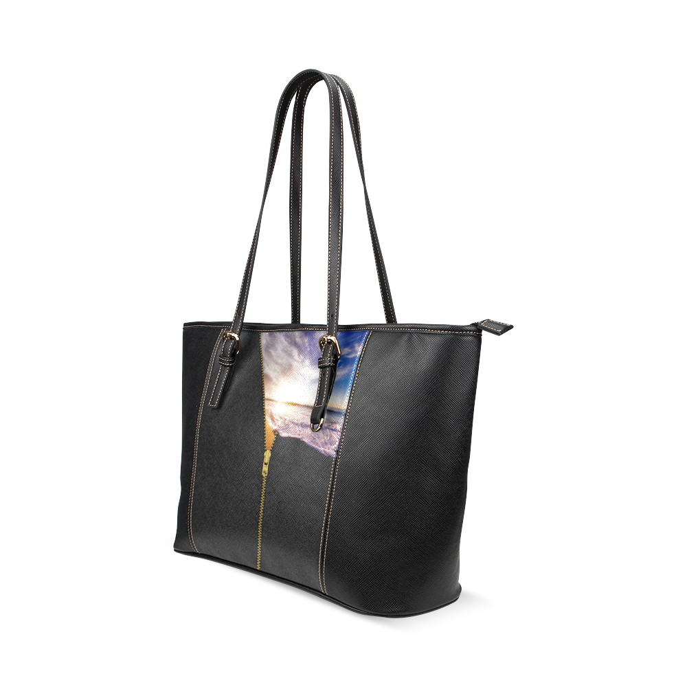 ZIPPER gold Sunset Beach Leather Tote Bag/Large (Model 1640)