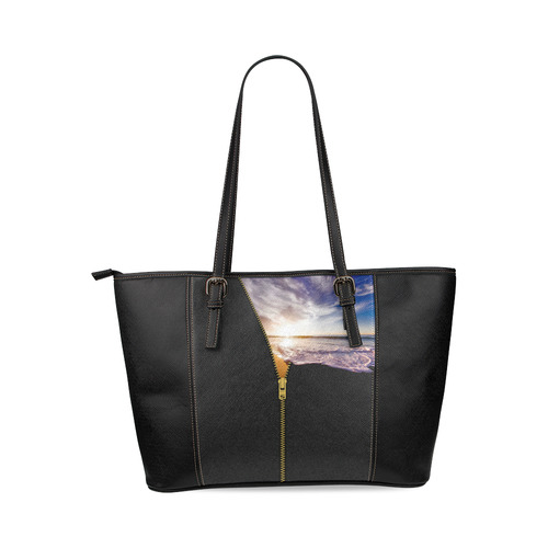 ZIPPER gold Sunset Beach Leather Tote Bag/Large (Model 1640)