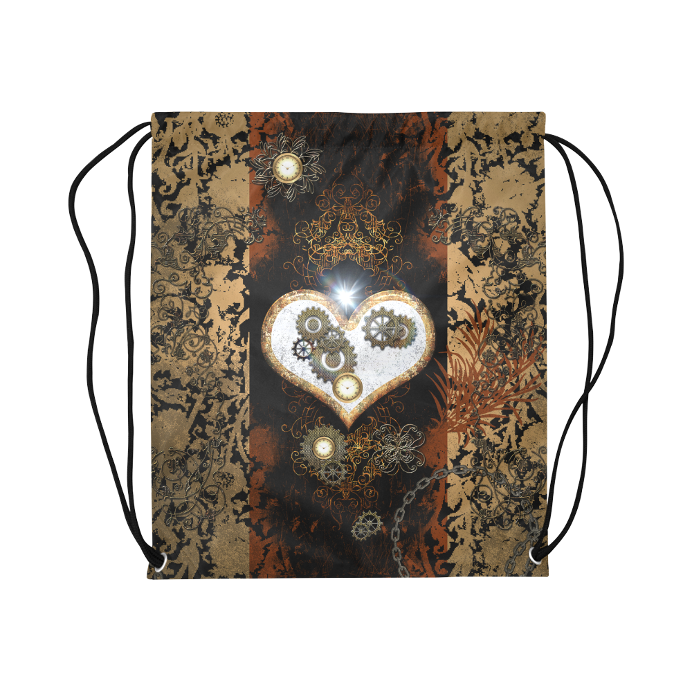 Steampunk, wonderful heart, clocks and gears Large Drawstring Bag Model 1604 (Twin Sides)  16.5"(W) * 19.3"(H)