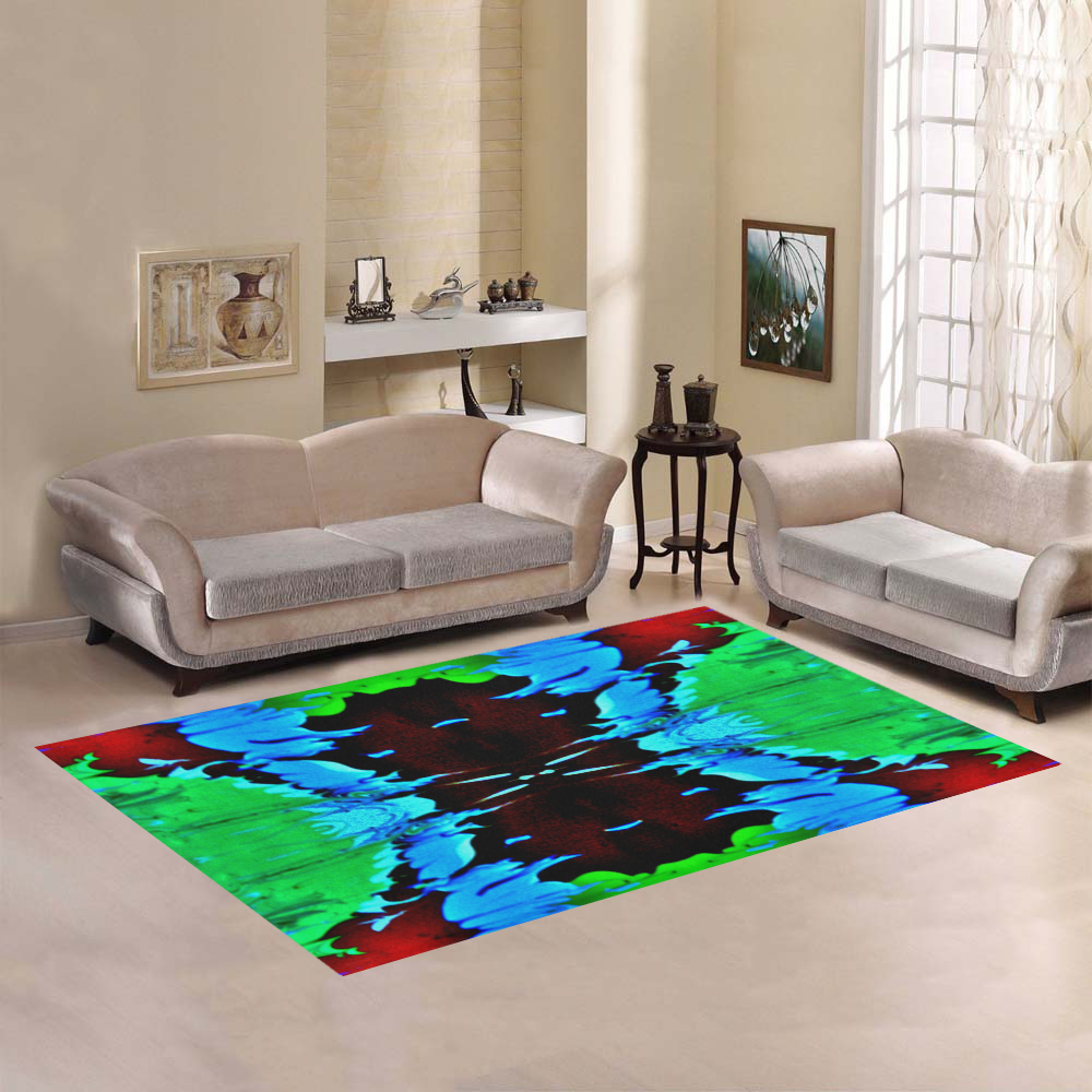 Abstract Green Brown, Blue Red Marbling Area Rug7'x5'