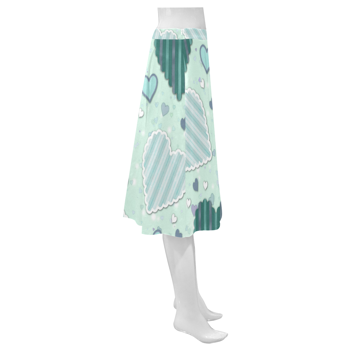 Mint Green Patchwork Hearts Mnemosyne Women's Crepe Skirt (Model D16)