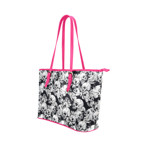 skull pattern, black and white Leather Tote Bag/Small (Model 1651)