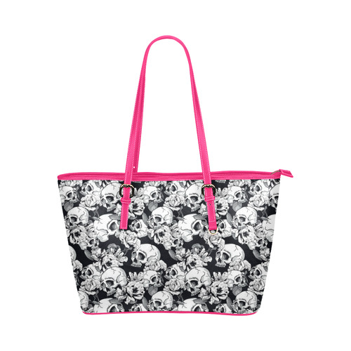 skull pattern, black and white Leather Tote Bag/Large (Model 1651)