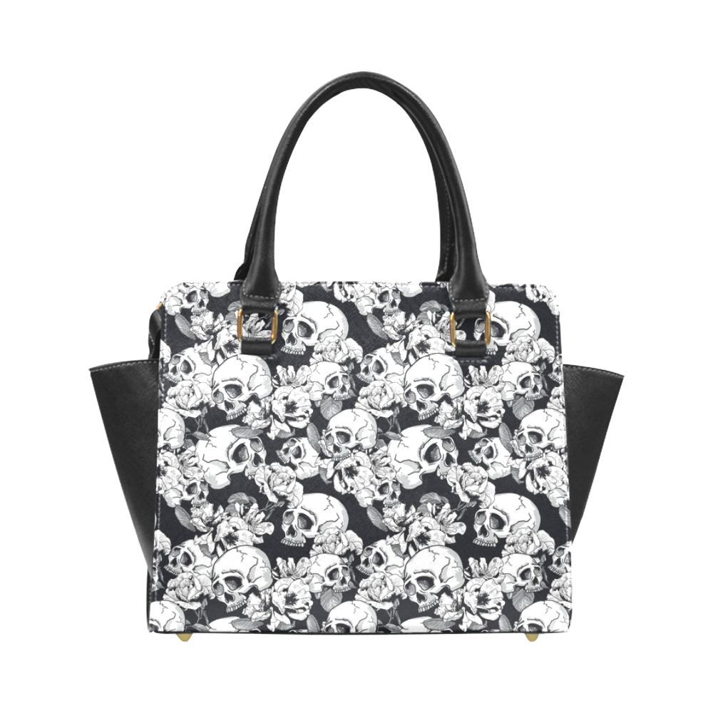 skull pattern, black and white Rivet Shoulder Handbag (Model 1645)