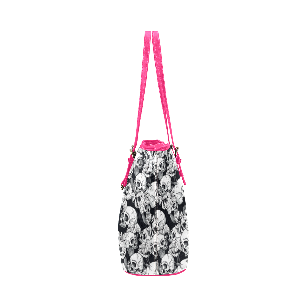 skull pattern, black and white Leather Tote Bag/Small (Model 1651)