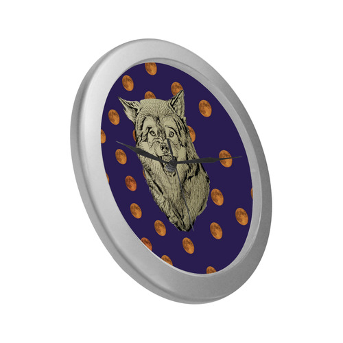 Wolf and moon clock Silver Color Wall Clock