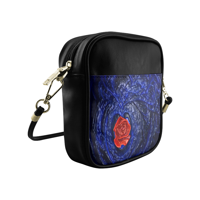Blue fractal heart with red rose in plastic style Sling Bag (Model 1627)