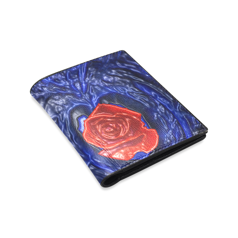 Blue fractal heart with red rose in plastic style Men's Leather Wallet (Model 1612)