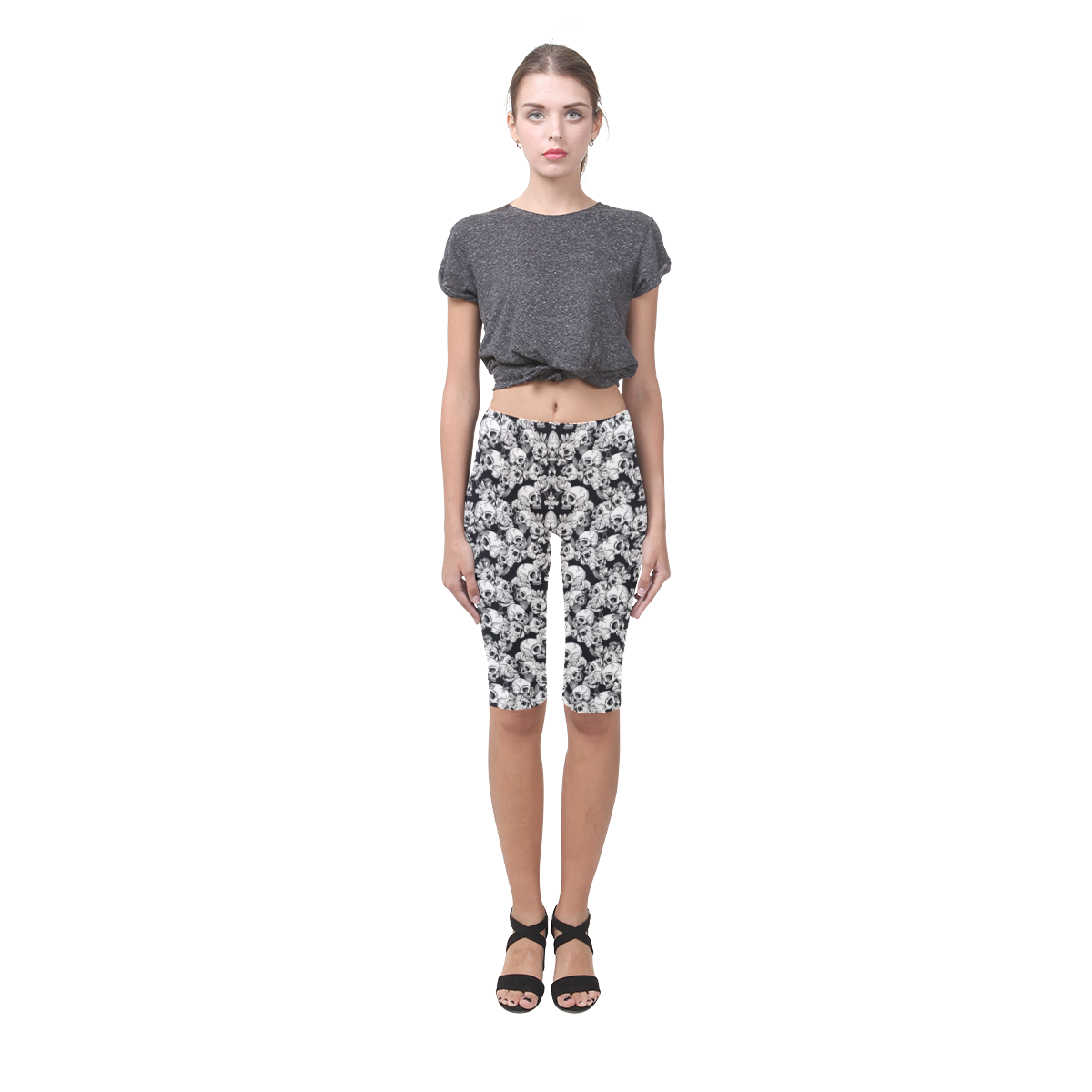 skull pattern, black and white Hestia Cropped Leggings (Model L03)