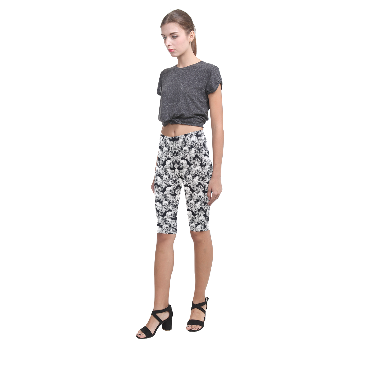 skull pattern, black and white Hestia Cropped Leggings (Model L03)