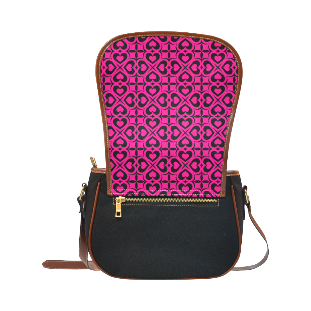 Pink Black Heart Lattice Saddle Bag/Small (Model 1649)(Flap Customization)