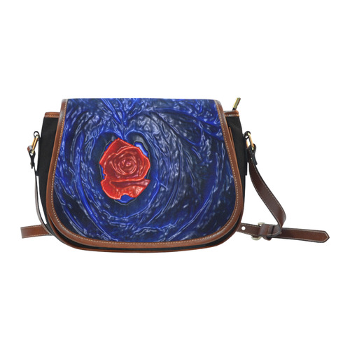 Blue fractal heart with red rose in plastic style Saddle Bag/Small (Model 1649)(Flap Customization)