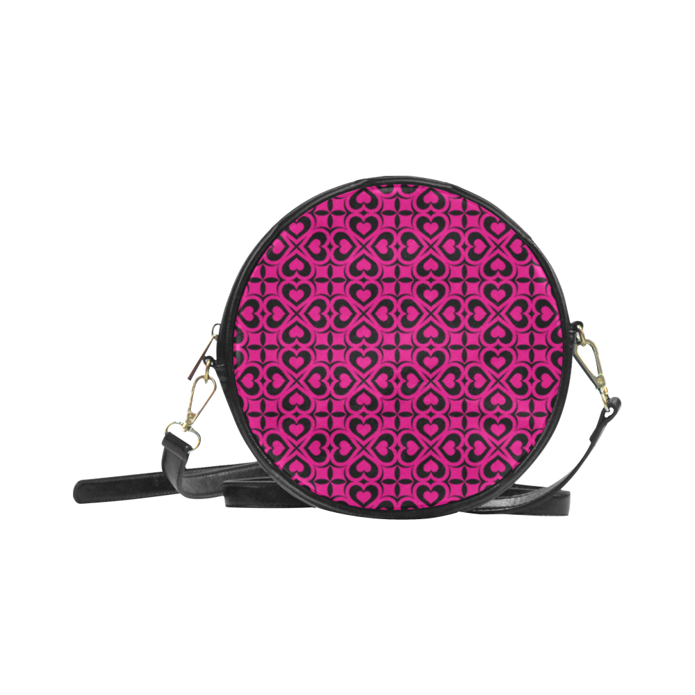 Pink Black Heart Lattice Round Sling Bag (Model 1647)