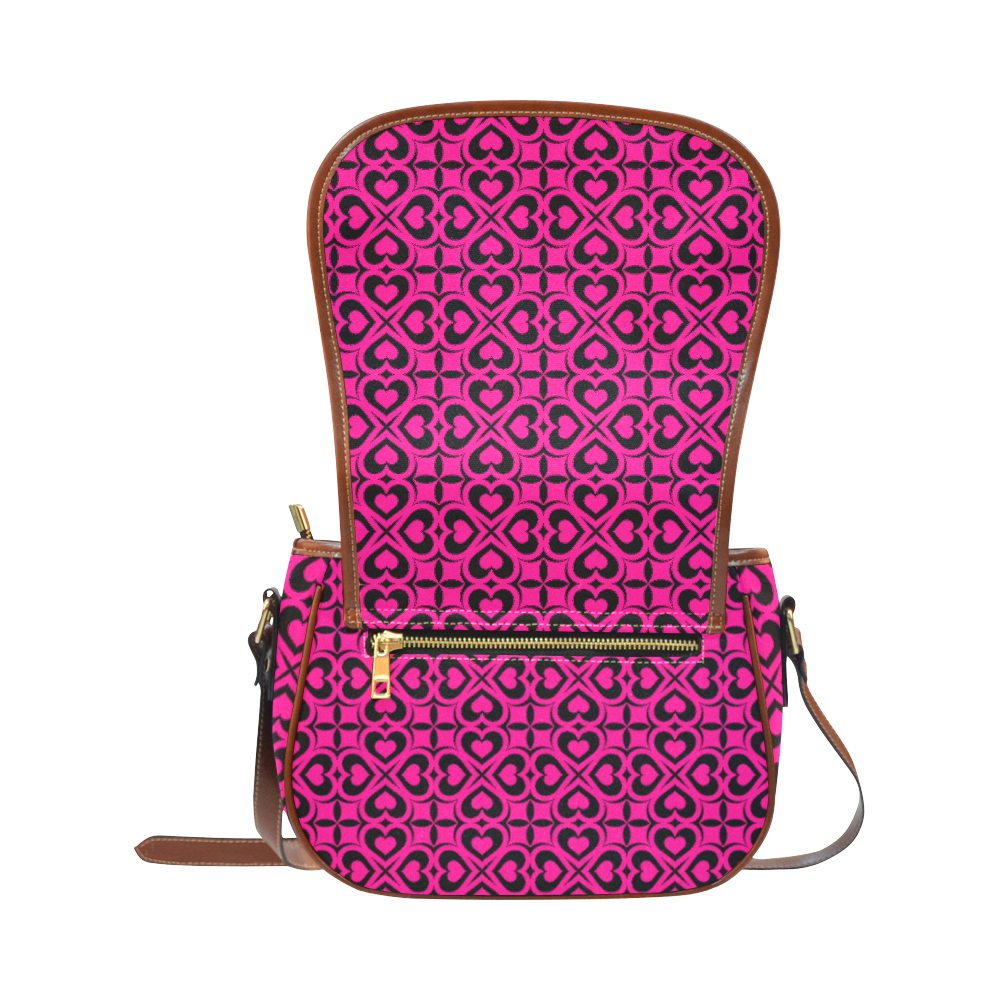 Pink Black Heart Lattice Saddle Bag/Large (Model 1649)