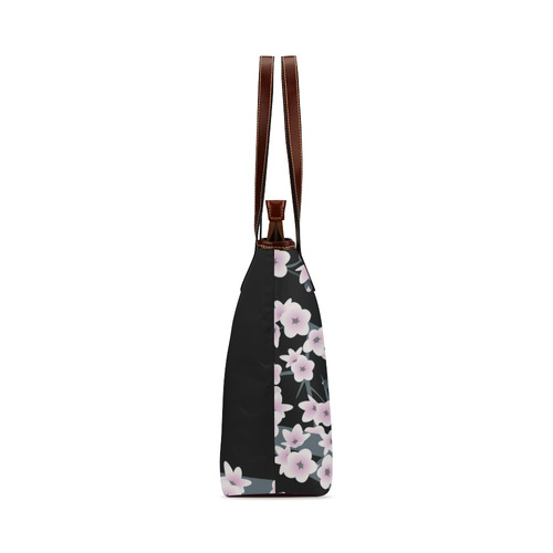Cute Owl and Cherry Blossoms Pink Black Shoulder Tote Bag (Model 1646)