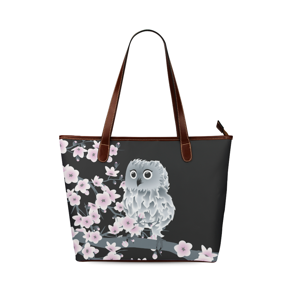 Cute Owl and Cherry Blossoms Pink Black Shoulder Tote Bag (Model 1646)