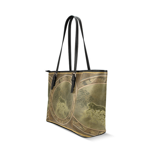 Lion with floral elements, vintage Leather Tote Bag/Small (Model 1640)