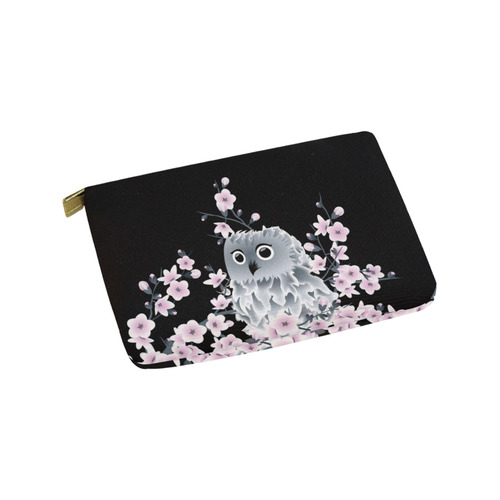 Cute Owl and Cherry Blossoms Black Pink Carry-All Pouch 9.5''x6''