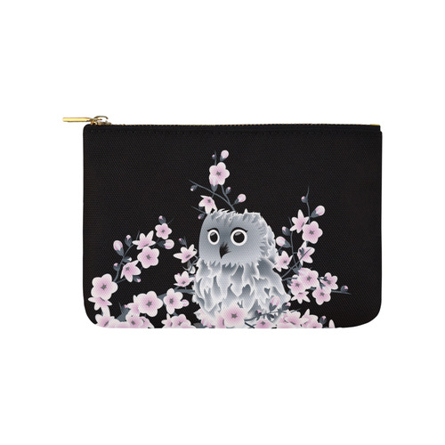 Cute Owl and Cherry Blossoms Black Pink Carry-All Pouch 9.5''x6''