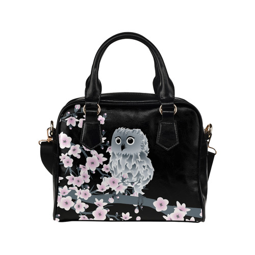 Cute Owl and Cherry Blossoms Pink Black Shoulder Handbag (Model 1634)