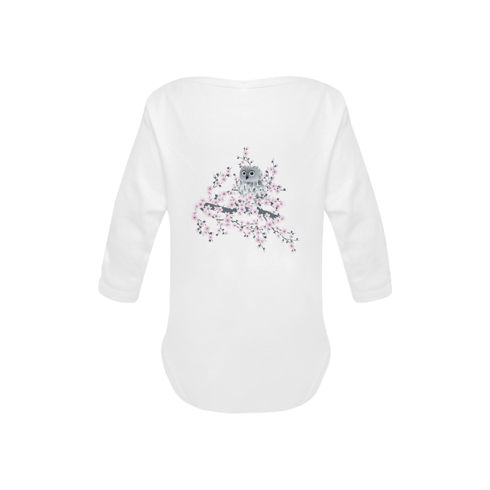 Cute Owl and Cherry Blossoms Asia Floral Baby Powder Organic Long Sleeve One Piece (Model T27)