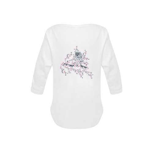Cute Owl and Cherry Blossoms Asia Floral Baby Powder Organic Long Sleeve One Piece (Model T27)