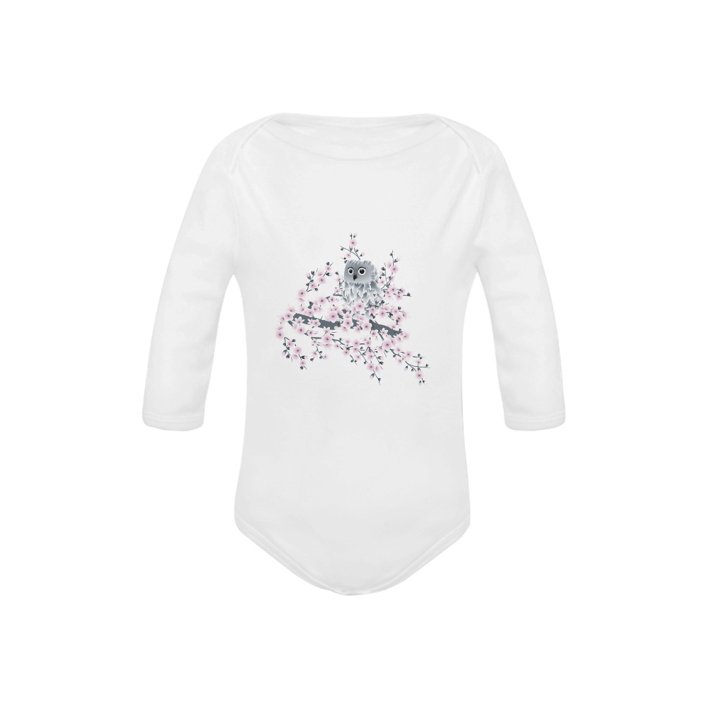 Cute Owl and Cherry Blossoms Asia Floral Baby Powder Organic Long Sleeve One Piece (Model T27)