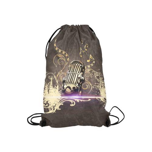 Music, microphone with key notes, vintage Small Drawstring Bag Model 1604 (Twin Sides) 11"(W) * 17.7"(H)