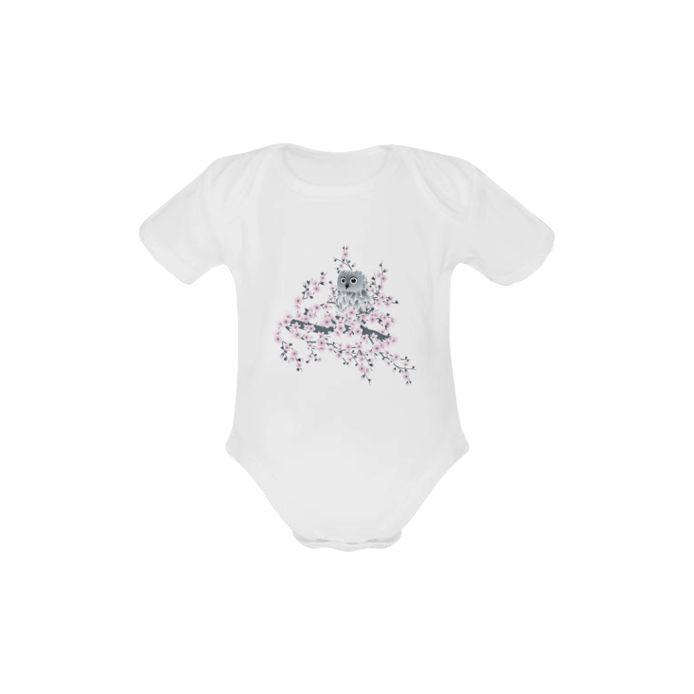 Cute Owl and Cherry Blossoms Asia Floral Baby Powder Organic Short Sleeve One Piece (Model T28)