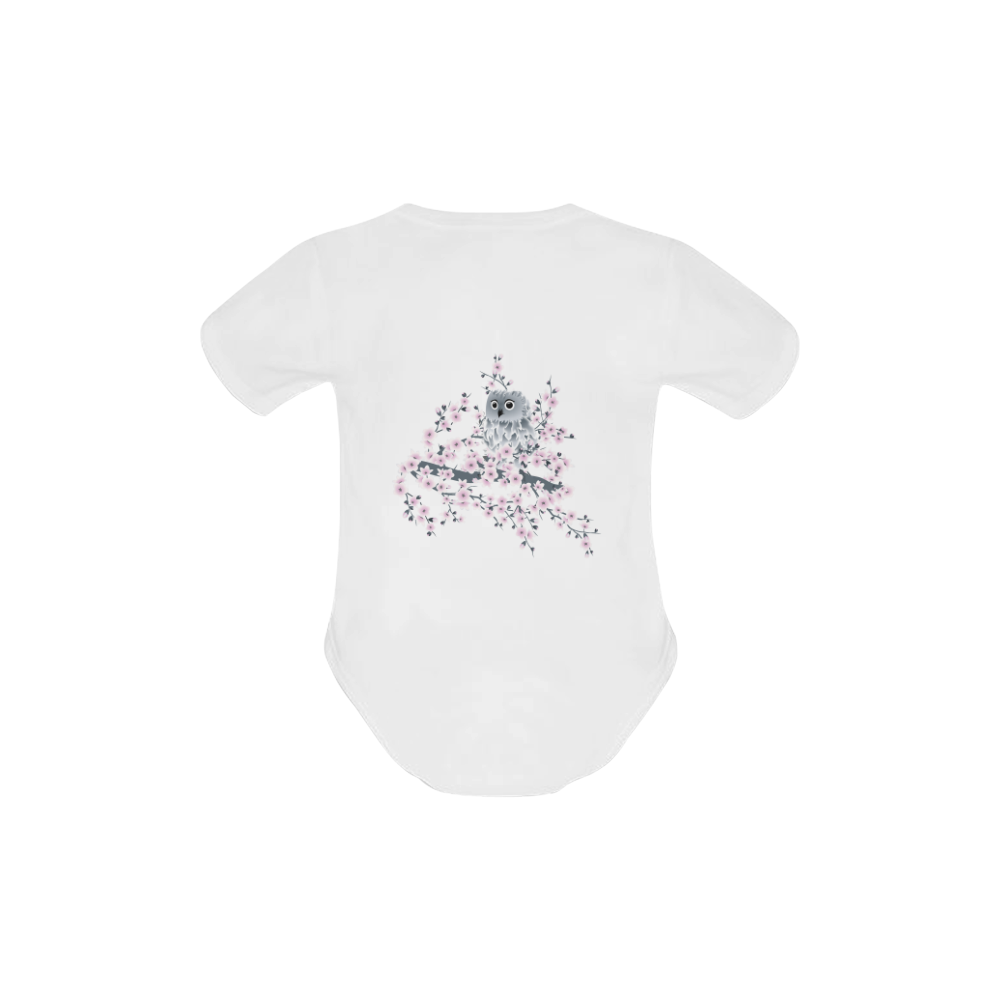 Cute Owl and Cherry Blossoms Asia Floral Baby Powder Organic Short Sleeve One Piece (Model T28)