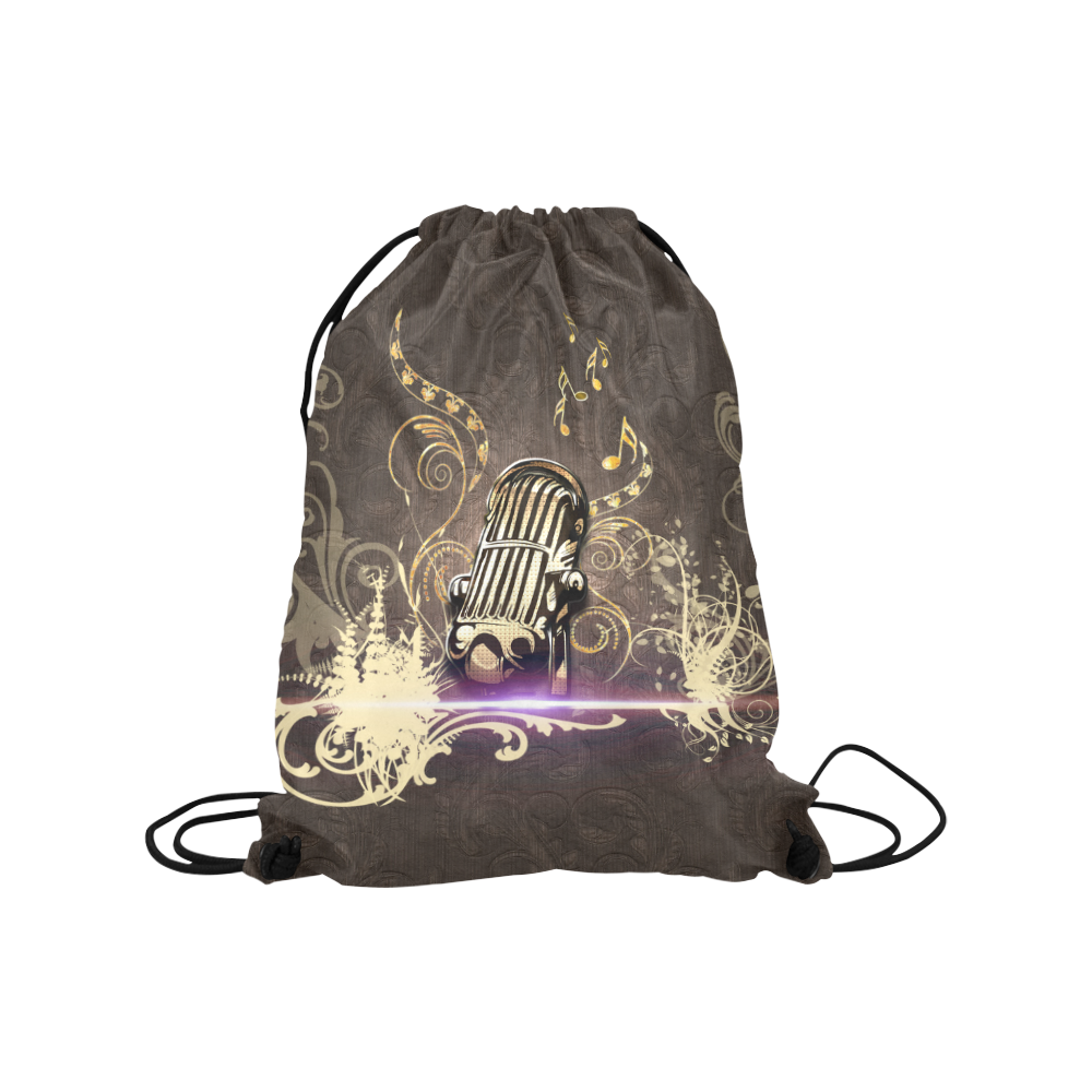 Music, microphone with key notes, vintage Medium Drawstring Bag Model 1604 (Twin Sides) 13.8"(W) * 18.1"(H)