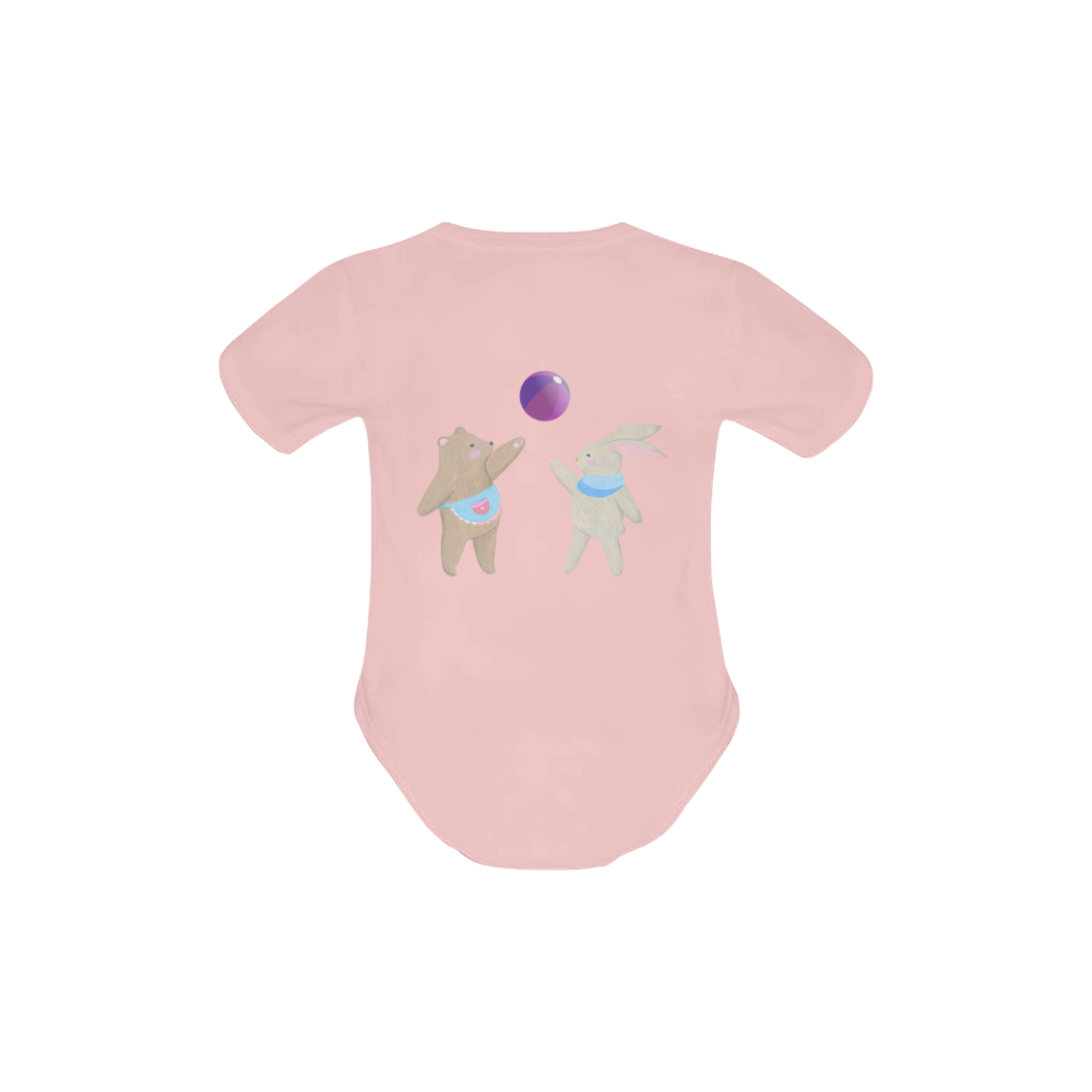 Cute Bear and Rabbit Playing with a Funny Ball Baby Powder Organic Short Sleeve One Piece (Model T28)