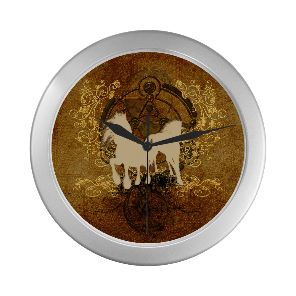 Beautiful horses, silhouette Silver Color Wall Clock