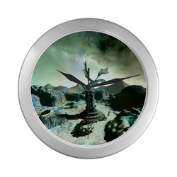 Dragon in a fantasy landscape Silver Color Wall Clock