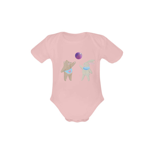 Cute Bear and Rabbit Playing with a Funny Ball Baby Powder Organic Short Sleeve One Piece (Model T28)