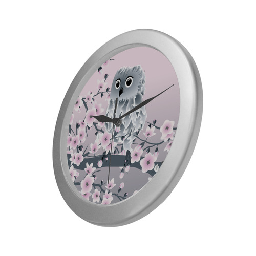 Cute Owl and Cherry Blossoms Pink Gray Silver Color Wall Clock