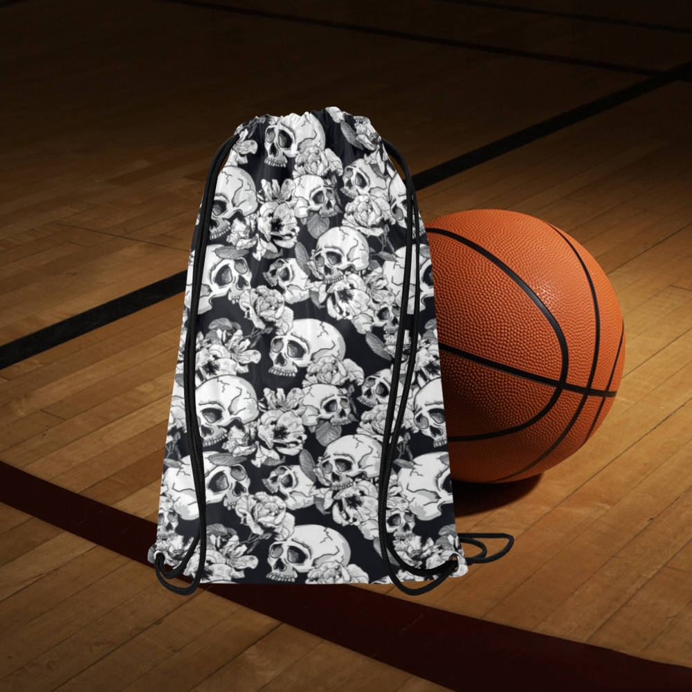 skull pattern, black and white Small Drawstring Bag Model 1604 (Twin Sides) 11"(W) * 17.7"(H)