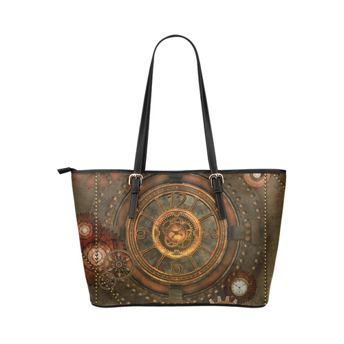 Steampunk, wonderful vintage clocks and gears Leather Tote Bag/Large (Model 1651)