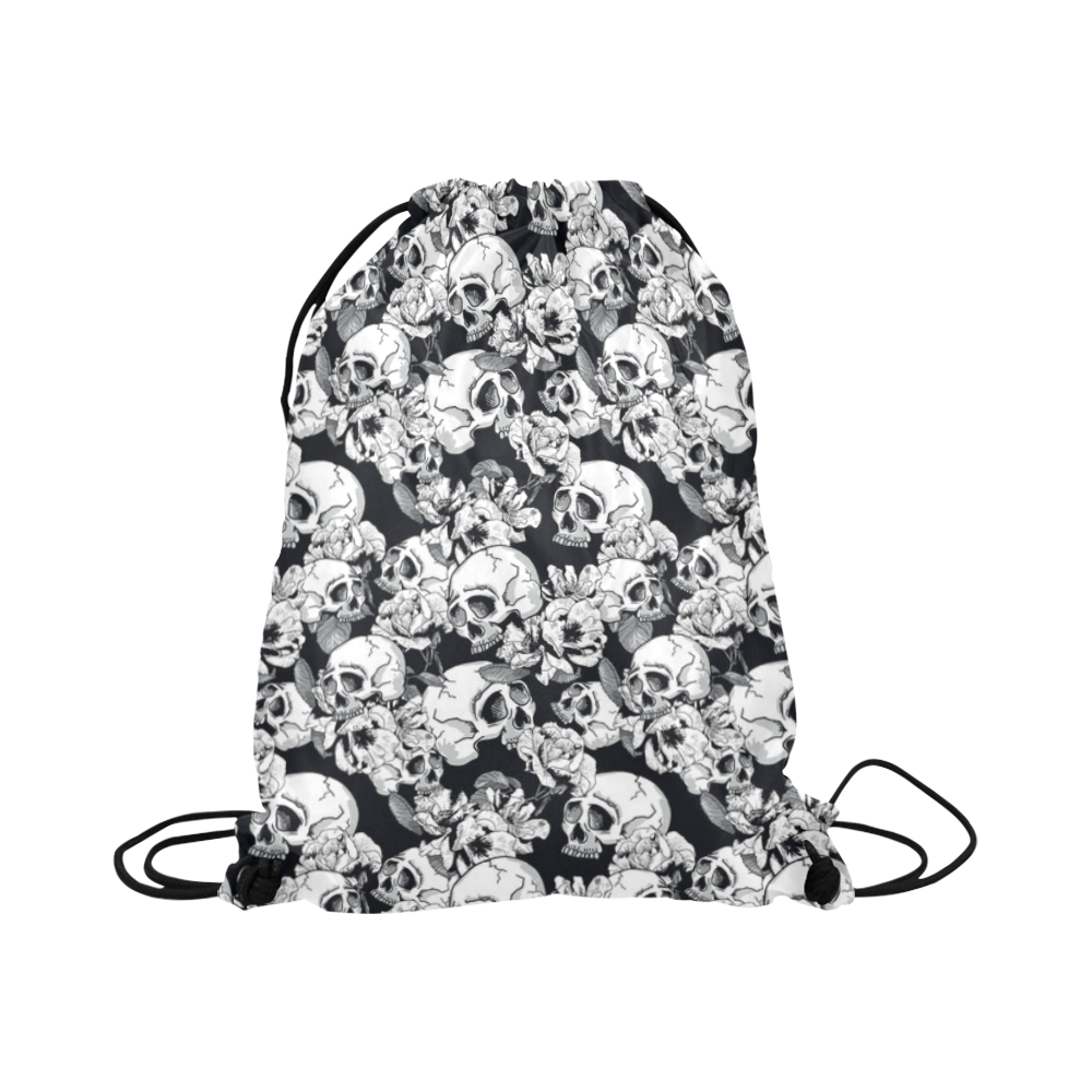 skull pattern, black and white Large Drawstring Bag Model 1604 (Twin Sides)  16.5"(W) * 19.3"(H)