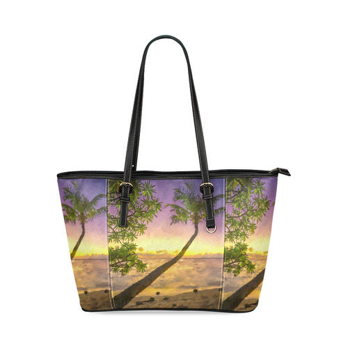 Painting tropical sunset beach with palms Leather Tote Bag/Large (Model 1640)