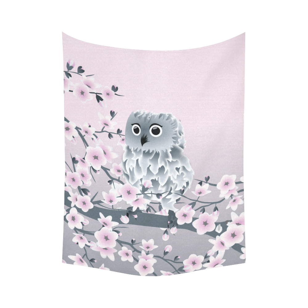 Cute Owl and Cherry Blossoms Pink Gray Cotton Linen Wall Tapestry 60"x 80"